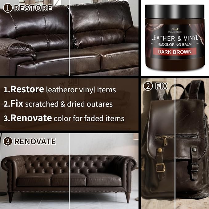 Leather Recoloring Balm and Scratch Repair Kit, Dark Brown Leather Restorer for Couches, Furniture, Car Seats, Leather Paint & Stain for Sofa, Chairs, Bags, and More