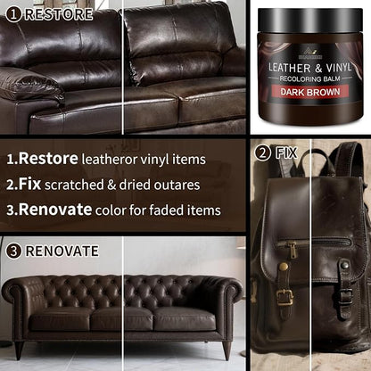 Leather Recoloring Balm and Scratch Repair Kit, Dark Brown Leather Restorer for Couches, Furniture, Car Seats, Leather Paint & Stain for Sofa, Chairs, Bags, and More