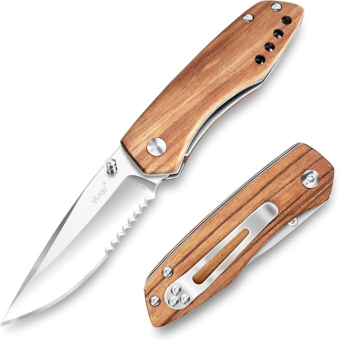 Vickay Folding Pocket Knife for Men & Women, 2.95" 8Cr13MoV Half-Serrated Steel Blade, Wood Hanlde EDC Knife with Clip, Liner Lock Knife for Camping, Hunting, Tactical, Survival and Father's Day Gift