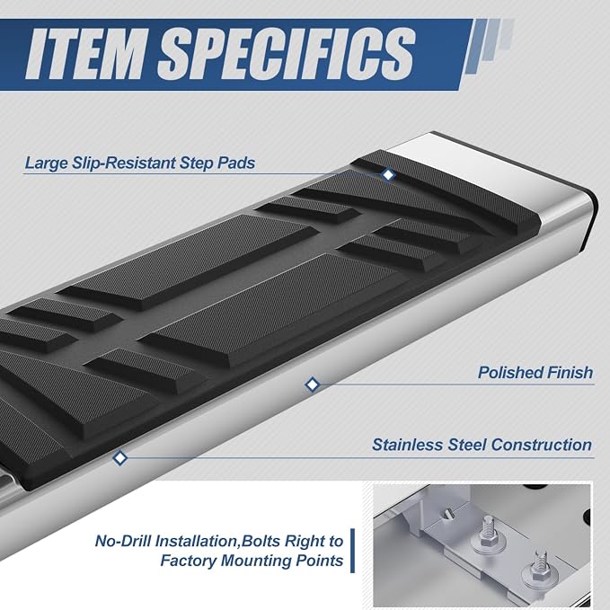 Auto Dynasty Running Boards for 2015-2024 Ford F-150, 2017-2024 F-250 F-350 Super Duty Super Cab, Stainless Steel Side Step Rail Nerf Bars, 6.5" Step Bars, Chrome
