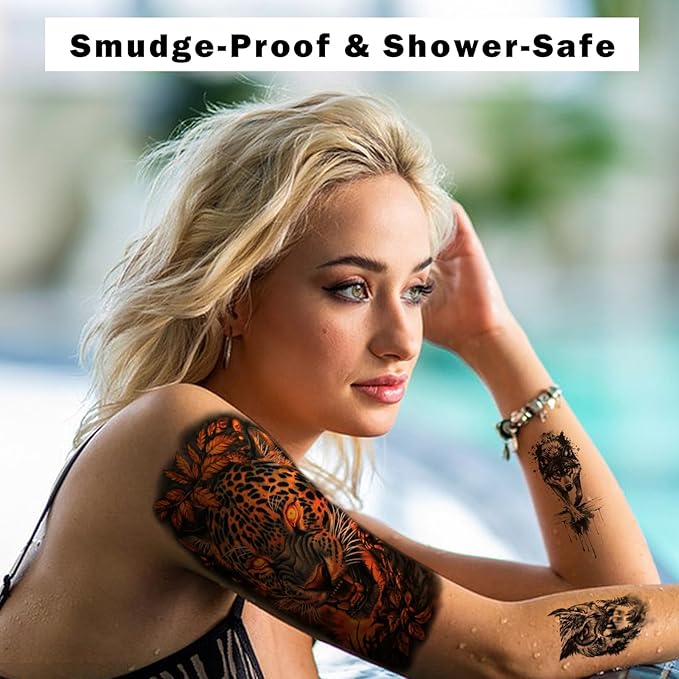 77 Sheets Temporary Tattoos for Adults and Kids - 2 Sizes Fake Tattoo Realistic Lion, Tiger, Wolf, Eagle Owl Forest Animal Designs- Long Lasting Body Tattoo for Halloween, Parties