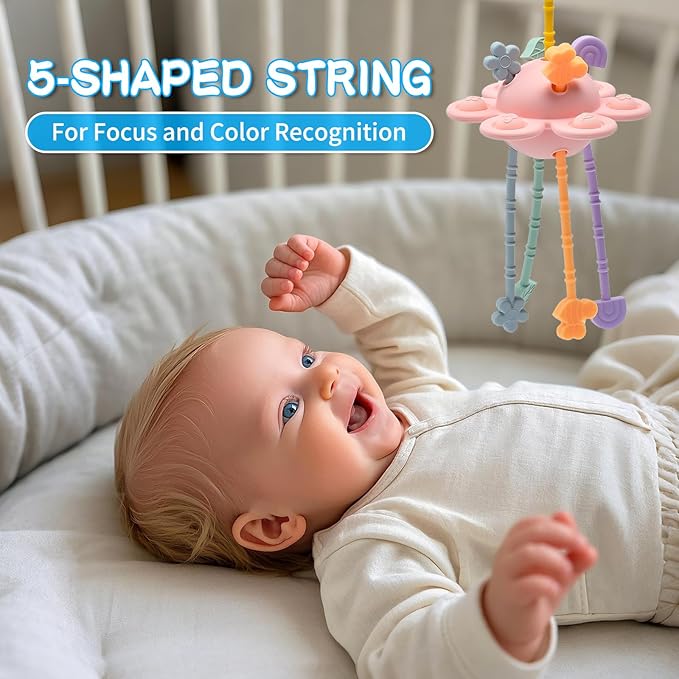 Montessori Sensory Toys for Babies,Silicone Teething Toys Pull String Baby Toy 6-12-18 Months (Pink)