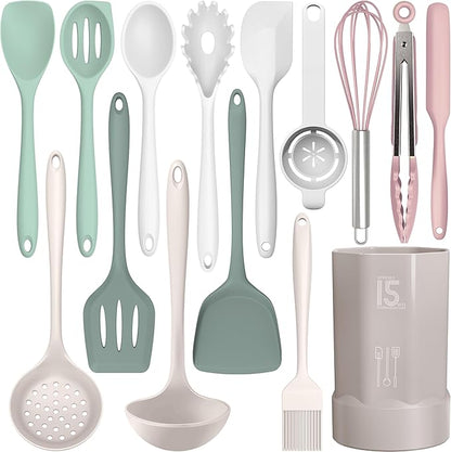 Silicone Cooking Utensils Set - 446°F Heat Resistant Silicone Kitchen Utensils,Spatula,Spoon, Kitchen Utensil Sets Gadgets Tools Set for Nonstick Cookware,Dishwasher Safe BPA FREE (Multicolor)
