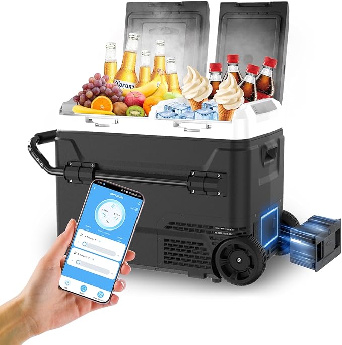 Electric Cooler with Battery 12V 52 Quart Car Refrigerator Dual Zone Dual Door