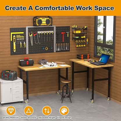48''x24 Solid Wood & Heavy-Duty Work Bench Workbench, Adjustable Height Work Table, 2000 LBS Capacity Workstation Work Benches for Garage, Workshop, Repair Shop