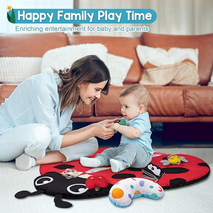 Jyusmile Baby Play Gym Mat, 8-in-1 Tummy Time Mat with 6 Toys, Washable Baby Activity Mat for Visual, Hearing, Sensory, Motor Development, Baby Essentials Gift for Newborn Infant 0-3-6-9-12 Months