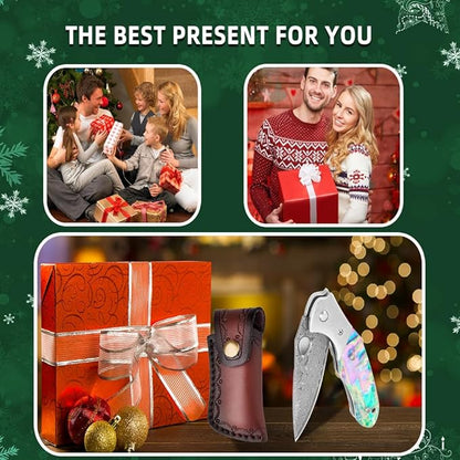 Cottonbell Damascus Pocket Knife Folding Knife for Men Women Unique Rainbow Abalone Shell Handle, with Sharp VG10 Core Damascus Steel Knife for Outdoor Camping Fishing Hiking Hunting Gift