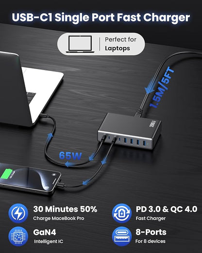 200W USB C Charger Block, GaN IV Charging Station 8 Ports, QC4.0 Fast Charging
