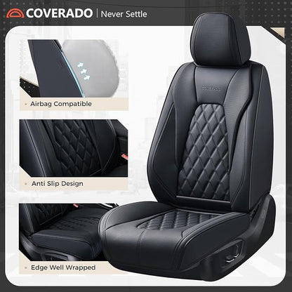 Coverado Car Seat Covers Full Set, 5 Seat Black Seat Cover for Cars, Luxury Faux Leather Waterproof Seat Cover, Front and Back Car Seat Protector, Universal Auto Seat Covers Fit for Most Cars