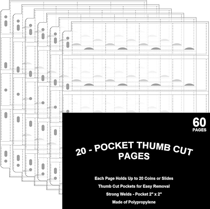 60 PCS 20-Pocket Thumb-Cut Coin Pages - Coin Pocket Pages for 2 x 2.1 Inch Cardboard Coin Holders, Collecting Sleeves for Coin Flips, 1000 Pockets for Coin Binder, Coin Collection Storage Supplies