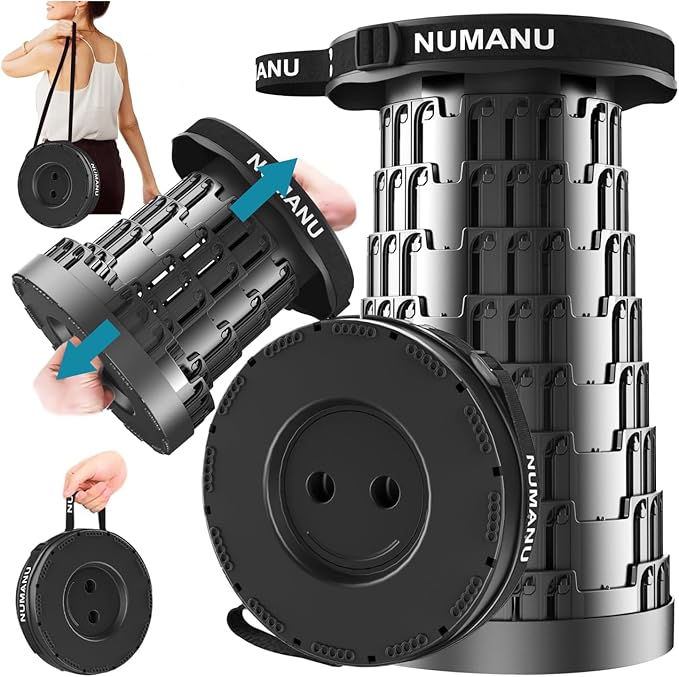 NUMANU 2025 Upgraded Collapsible Stool, Max 620lb, Height Adjustable Retractable Telescopic Seat, Portable Folding Stool, Travel Chair, Foldable Camping Seat or Footrest Gift for Outdoors, 2.5"-18" H
