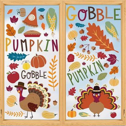 Horaldaily 125 PCS Fall Window Cling Sticker, Thanksgiving Autumn Harvest Colorful Leaf Pumpkin Turkey for Home Party Supplies Shop Window Glass Display Decoration