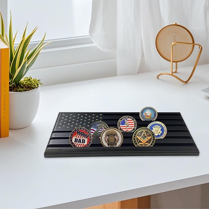 6-Row Military Challenge Coin Display Stand - Challenge Coin Holder with Rustic for Collectors Organize Medals & Memorabilia - Coin Holder for Home, Office, Showcase (Holds 30-36 Coins, American Flag ) (Black)