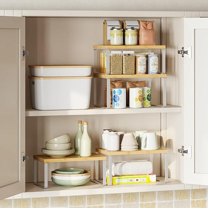 HOOBRO Cabinet Organizer Shelf, Expandable Kitchen Storage, Stackable Bamboo