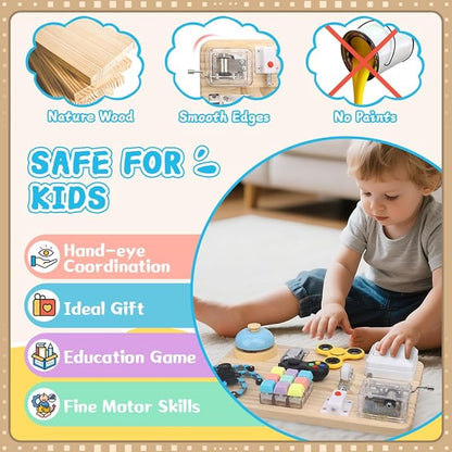 Busy Board for Toddler Kid Early Development, Fidget Sensory Learning Motor Skills Montessori Toy for Age 3 4 5, Busy Pad Fidget Spinner Travel Toy Birthday Gifts Educational Activities for Boy Girl