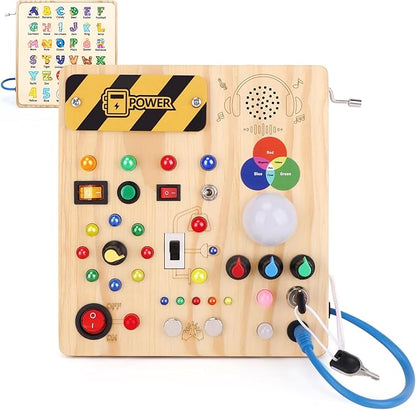 Busy Board,Montessori Toys for 1-3 Years Old, Wooden Toddler Toys, Autism Sensory Travel Toy, Ideal Gift for 1+ Year Old Boys (Busy Board v4)