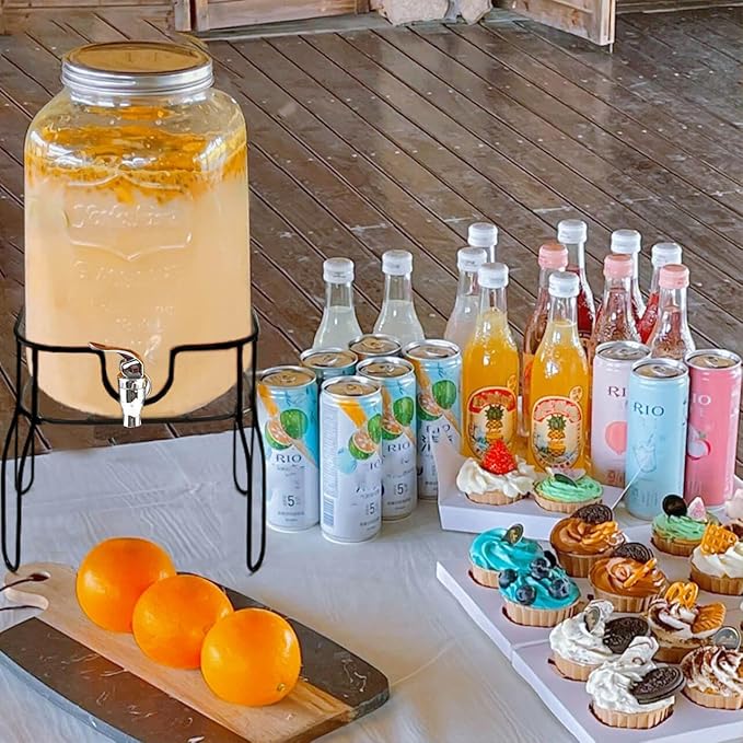 2 Gallon Drink Dispenser with 2 Press Type Spigot, Sun Tea Glass Mason Jar