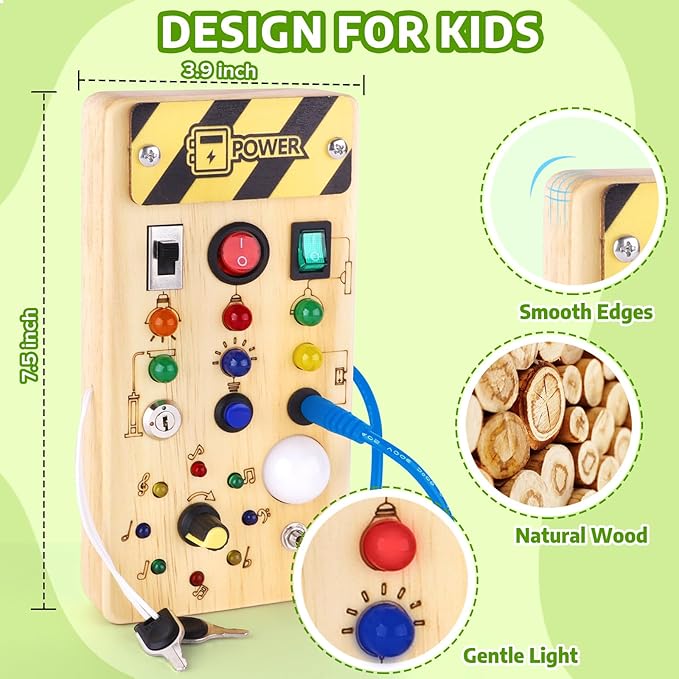 Busy Board with led Light， Sorting Sensory Travel Toys for Toddlers 1-3， Wooden Toddler Busy Board Montessori Toys for 1+ Year Old