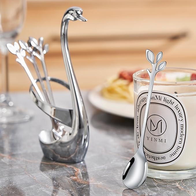AnSaw Silver Small Coffee Spoon Holder Set, Swan Base
