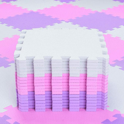 qqpp EVA Rubber 18 Tiles Interlocking Puzzle Foam Floor Mats - Baby Play Mat for Playing | Exercise Mat for Home Workout. White, Pink, Purple. QC-ACKb18N