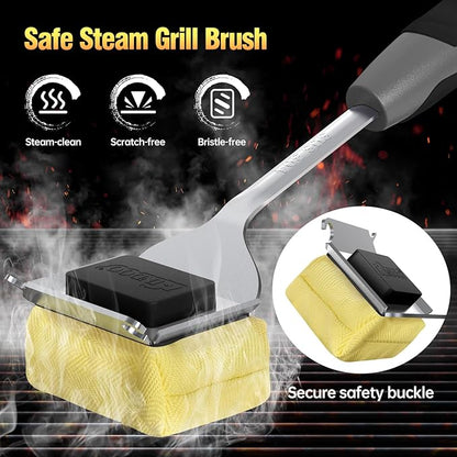 Grill Brush Bristle Free for Outdoor Grill, Steam Grill Cleaning Brush Replaceable BBQ Cleaner Brush Head,Extended Handle, Safe Grill Brush with Scraper for Cast Iron Stainless-Steel Grates,Black