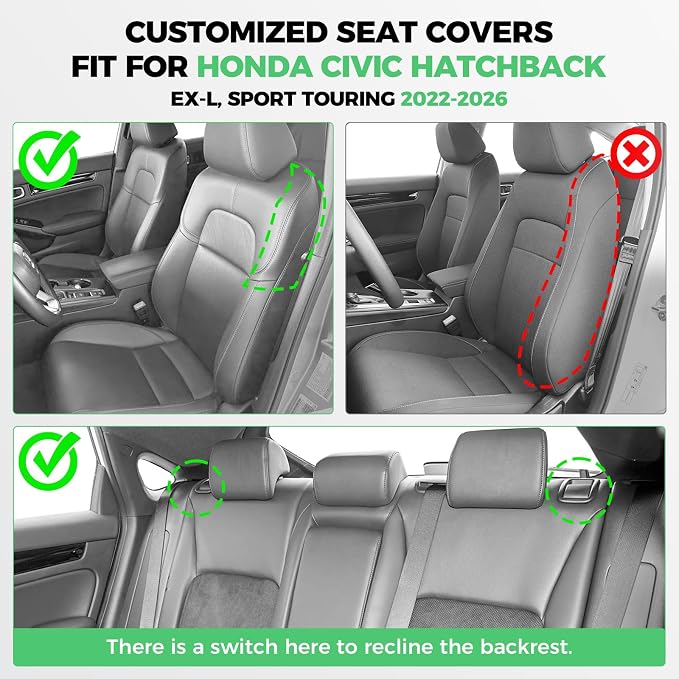 for Honda Civic Leather Seat Covers, Hatchback EX-L Sport Touring 2022-2026, Custom Fit Car Seat Cover Full Set, Waterproof Accessories, Black (60/40 Split Benches-with Rear Armrest)