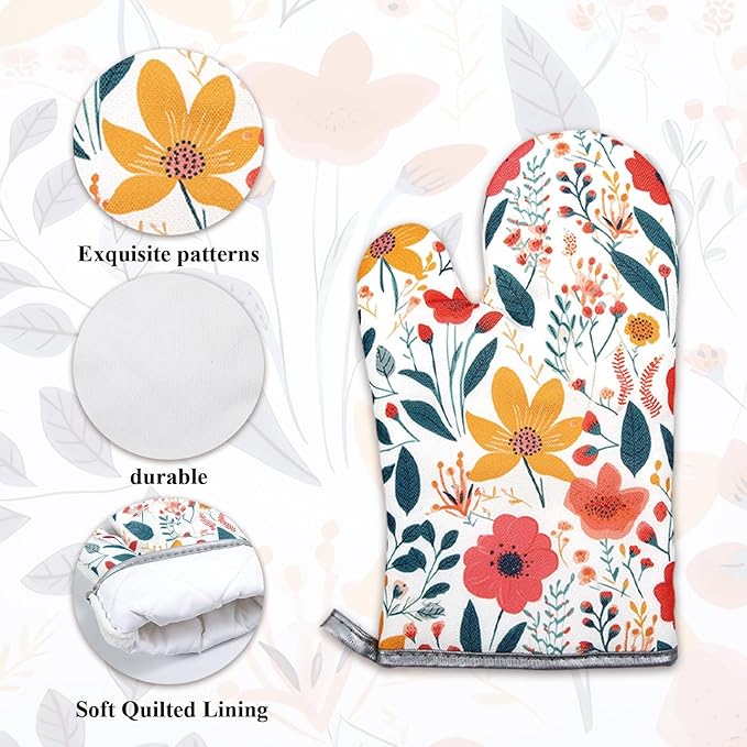 3 Pcs Kitchen Stuff, Wild Floral Kitchen Oven Mitts and Pot Holders Sets
