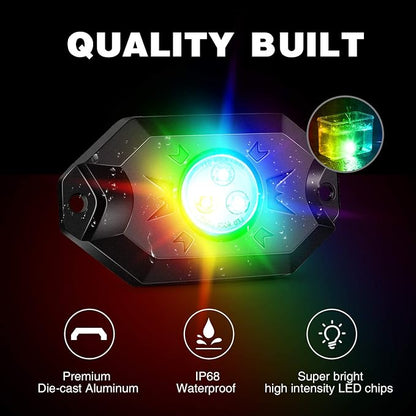 Nilight 2PCS 4FT RGB LED Whip Light and 4 PCS Rock Lights Combo, Remote & App Control w/DIY Chasing Patterns Stop Turn Reverse Safety Antenna Lighted Whips for ATV UTV