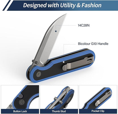 FINTISO Pocket Knife, 3" 14C28N Blade EDC Knife with G10 Handle, Folding Knife with Pocket Clip for Outdoor Camping, Hunting, Hiking, Survival, Parrot Series
