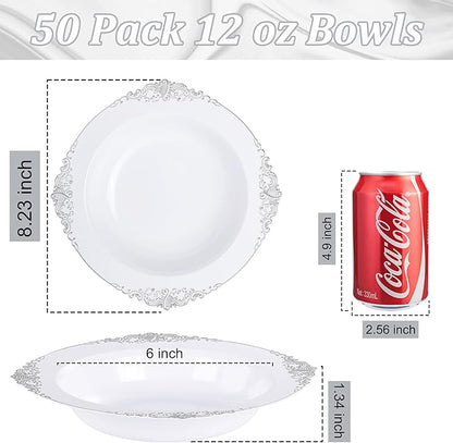 Nervure 50PCS White Plastic Bowls with Silver Rim - 12oz Disposable Soup Bowls, Heavy Duty Salad Ice Cream Bowl Perfect for Weddings, Parties and Everyday Use