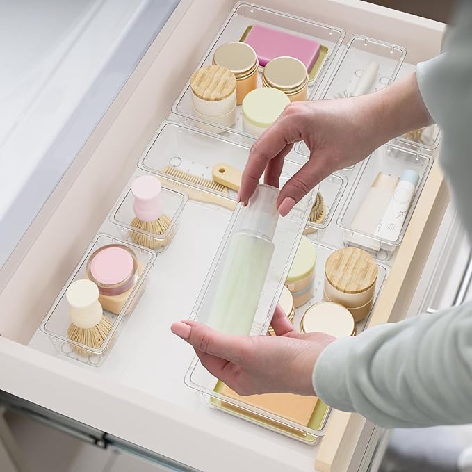 SpaceHacks 15 PCS Clear Plastic Drawer Organizer Set, 4-Size Acrylic Drawer