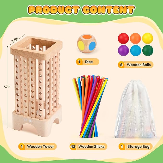 Montessori Game Wooden Board Games, 42 Colorful Sticks Dice Game Math Learning Toys for 3 4 5 6 Year Olds, Builds Fine Motor Skills & Counting, Family Travel Games for 3 Year Olds Gift for Kids