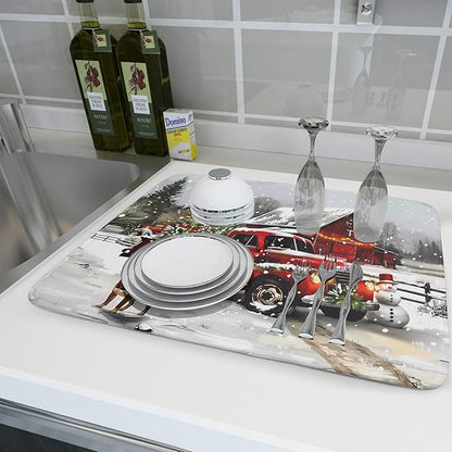 Christmas Red Truck Dish Drying Mat