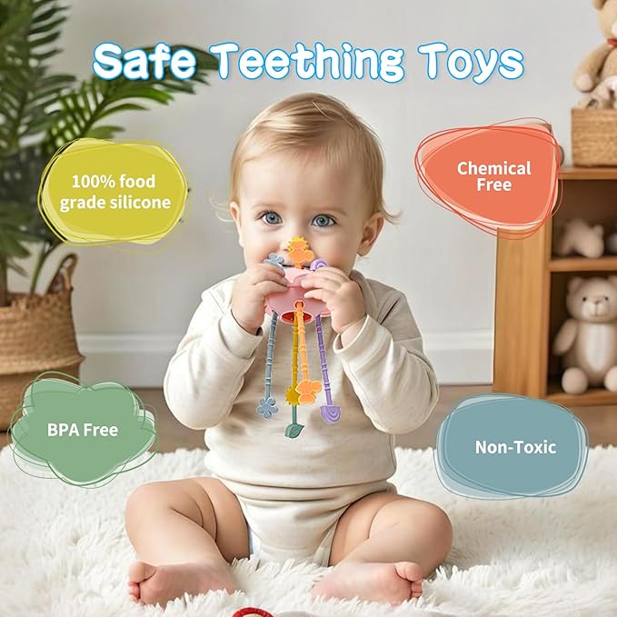 Montessori Sensory Toys for Babies,Silicone Teething Toys Pull String Baby Toy 6-12-18 Months (Pink)