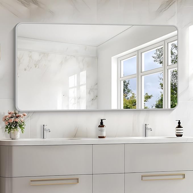 55x30 Inch Silver Bathroom Mirror, Large Rectangular Vanity Mirror, Metal