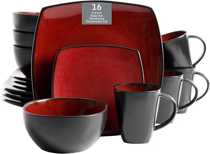 Gibson Soho Lounge Square Reactive Glaze Dinnerware Set, Red, Service for 4 (16pcs)