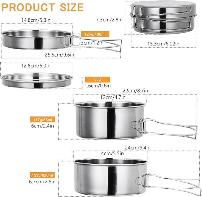 Lixada Camping Cookware Set, 4PCS Portable Stainless Steel Camp Cook Set, Lightweight Stackable Camping Pots and Pans Plate Set Camping Gear for Outdoor Backpacking Camping Hiking Picnic