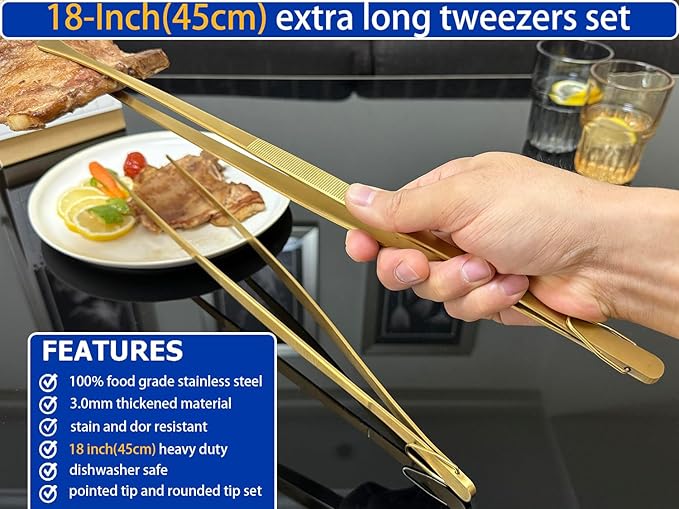 JETKONG 2 Pcs 18 Inch (45cm) Stainless Steel Grill Tongs Heavy Duty Giant Tweezer Tongs, Extra Large Tweezers Tools for Cooking, Grilling, BBQ and Turning Food (Gold)