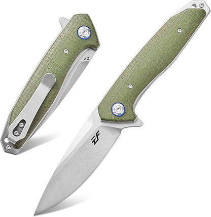 Eafengrow EF972 Folding Knife, D2 Steel Blade Micarta Handle Pocket Knife Folder for Outdoor Camping Hiking Working EDC Tool Knife(army green)