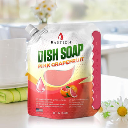 Bastion Dish Soap - Liquid Dishwashing Degreaser & Detergent - Pink Grapefruit Fragrance - (6) 32oz Refill Pouches - All Natural - Cruelty-Free