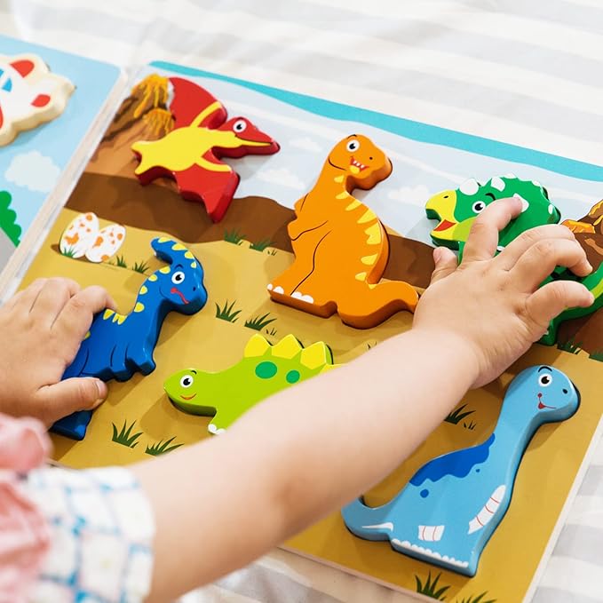 Wooden Chunky Puzzles Set - Dinosaurs, Vehicles and Pets Animals Wooden Puzzles Preschool Early Learning Toy Gift for Kids Toddlers 1-3