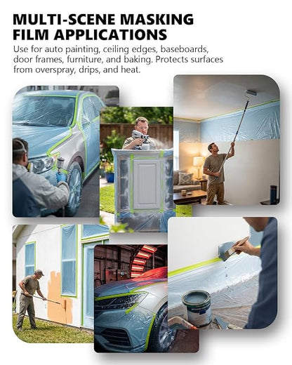 Pre-Taped Masking Film for Painting(6 Roll) - 44" x 66'Painters Plastic Sheeting with Tape and Drape, Painters Drop Cloth for Automotive & Home, Cover for Walls/Floors/Windows/Cars Protection