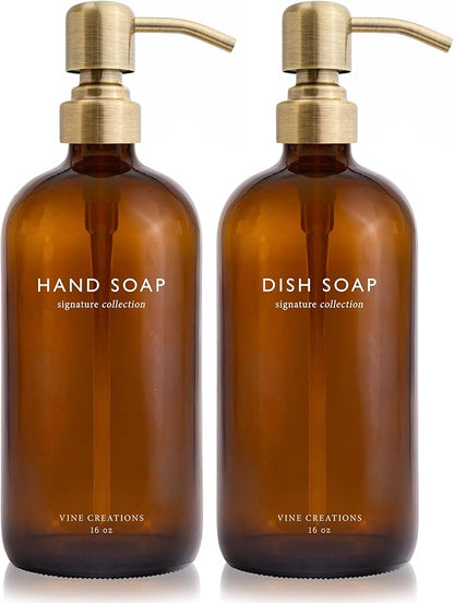 Vine Creations Amber Glass Soap Dispenser Set, Dish Soap and Hand Soap