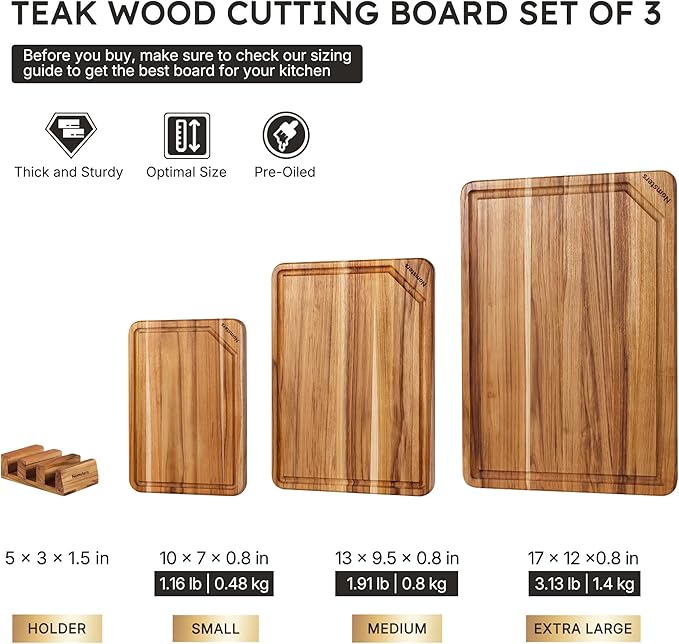 3 Pack Teak Wood Cutting Board Set