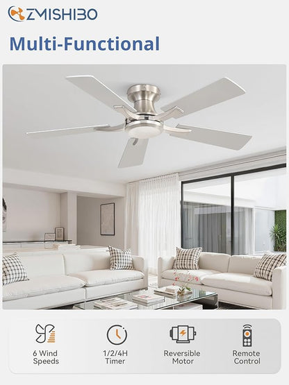 ZMISHIBO 42 Inch Ceiling Fan No Light, Flush Mount Low Profile, Modern Nickel