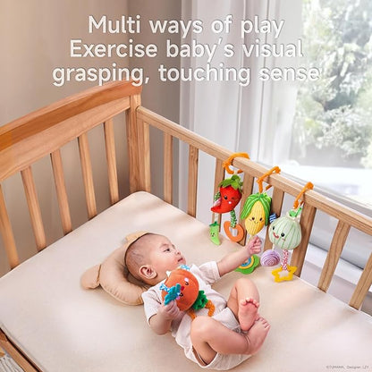 TUMAMA Hanging Baby Toys, 4 Pack Vegetable Crib Stroller Baby Gym Mobile Plush Toys, Early Baby Cognitive Sensory Hanging Rattle Toys with Teether. Suitable for Babies 0, 3, 6, 9, 12 Months