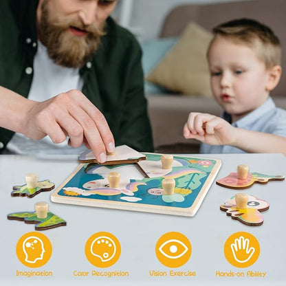 Eco Friendly Animal Puzzles, 4 Pcs Jigsaw with Handles, Infant Kid Montessori Puzzles for 1-3 Years Old