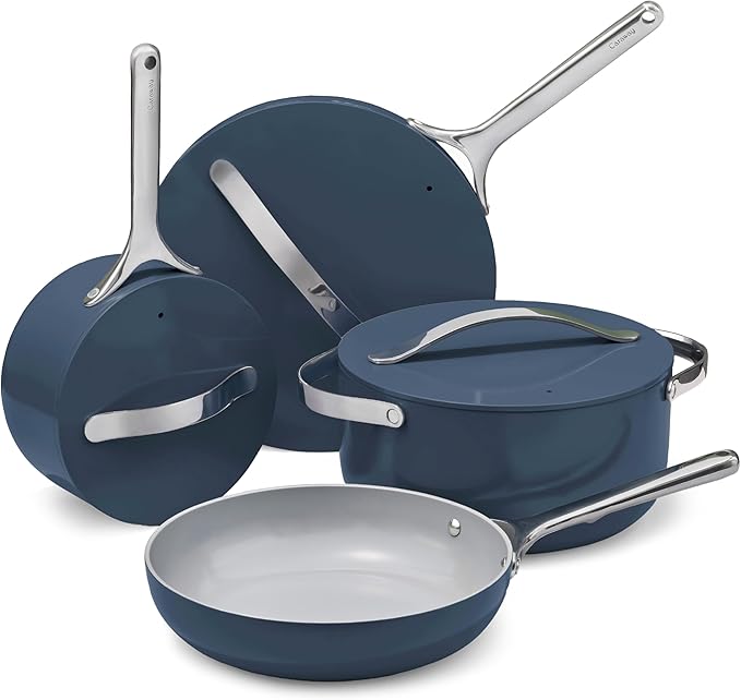 Caraway Non-stick Ceramic Cookware Set (12 Piece) Pots, Pans, Lids and Kitchen Storage - PFAS & PFOA Free - Oven Safe Pan Set & Compatible with All Stovetops - Navy