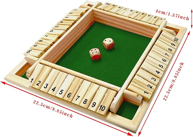 DC-BEAUTIFUL Shut The Box Dice Game, 2-4 Players Classic Board Game for Adults, Wooden Tabletop Game with Dices and Instruction,Math Strategy Game for Christmas Party (Green)