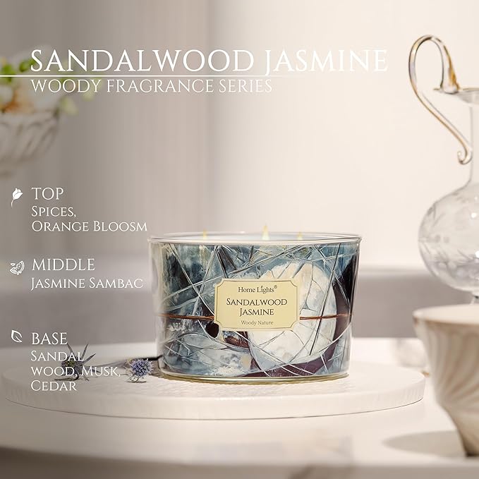 HomeLights Soy Wax Candles for Home Scented, 4-Wick Candles in Sandalwood Jasmine Scented, Industrial Chic Aromatherapy Candles Gift for Parties, Relaxing, 18oz